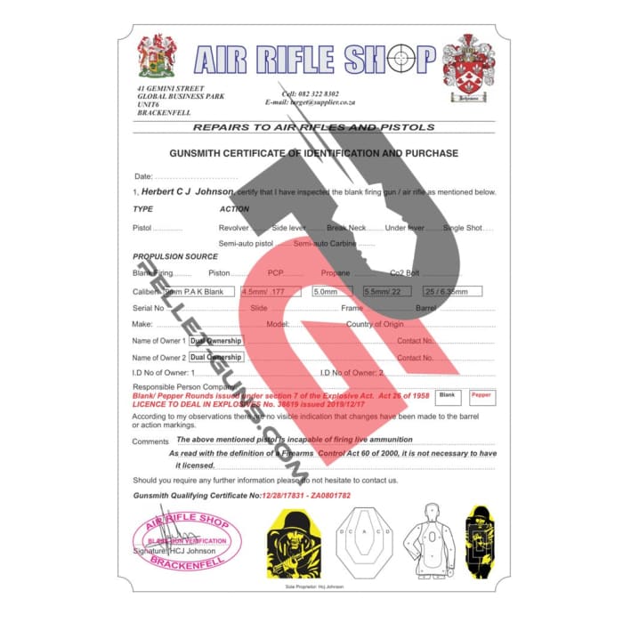 Gunsmith Certification Of Identification And Purchase of Blank Firing Gun